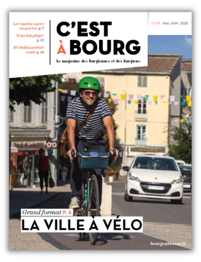 Illustration du magazine C'est à Bourg n°288. Homme circule à vélo dans Bourg-en-Bresse