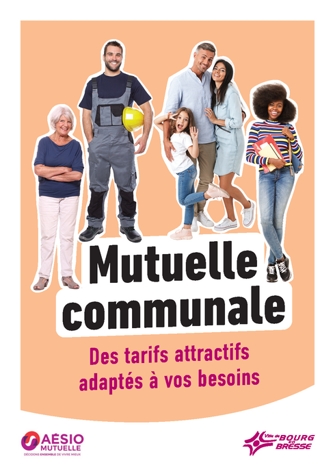Affiche de la Ville de Bourg-en-Bresse présentant la mutuelle communale à tarifs préférentiels pour les Burgiens